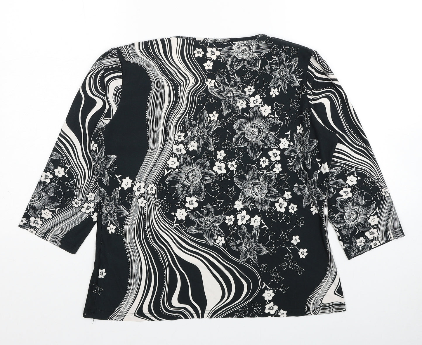 C.M.D Womens Black Floral Polyester Basic Blouse Size M V-Neck