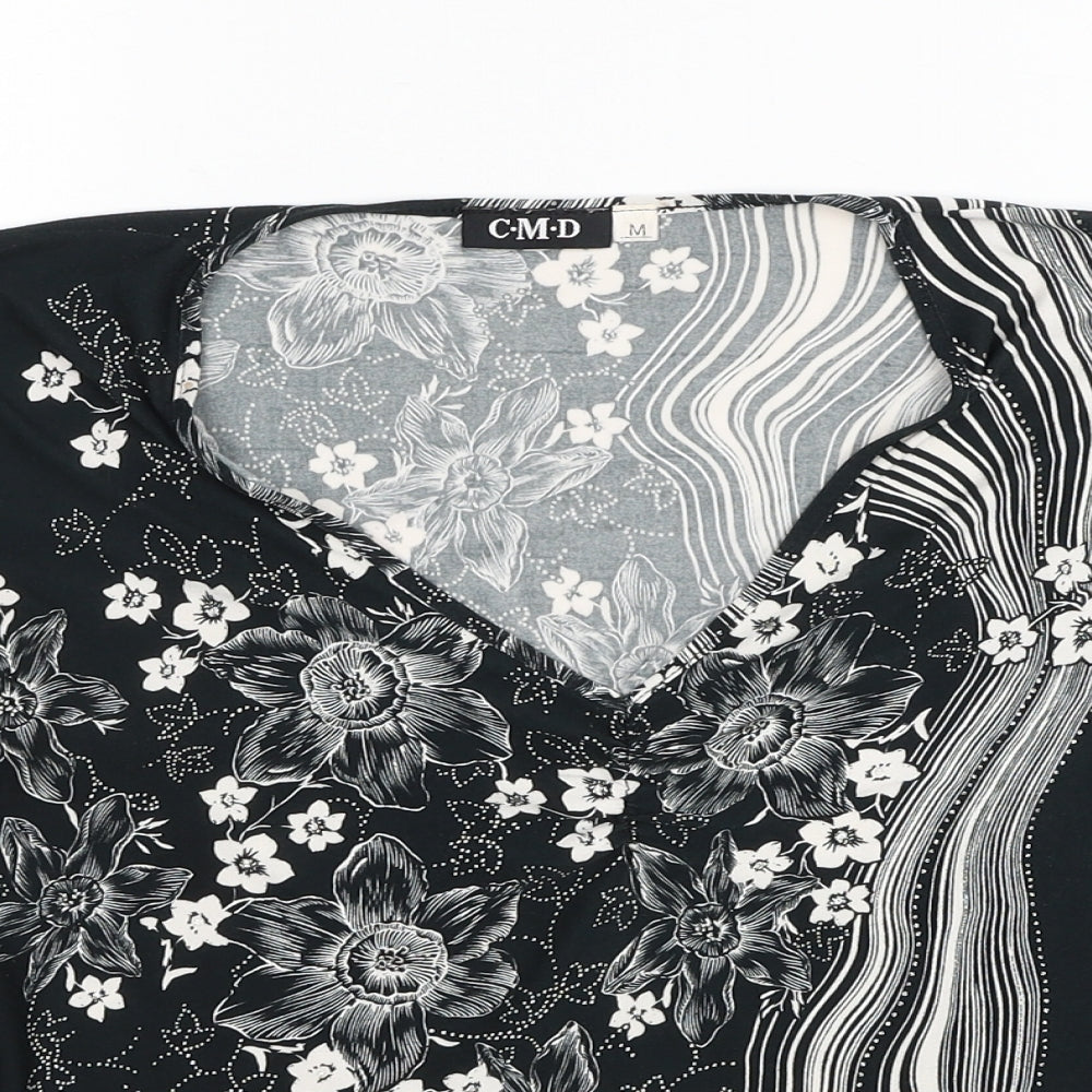 C.M.D Womens Black Floral Polyester Basic Blouse Size M V-Neck