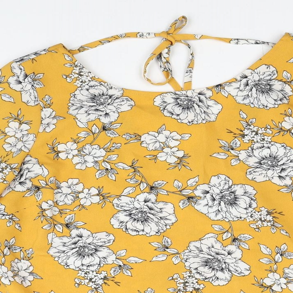 F&F Womens Yellow Floral Viscose Basic Blouse Size 12 Round Neck
