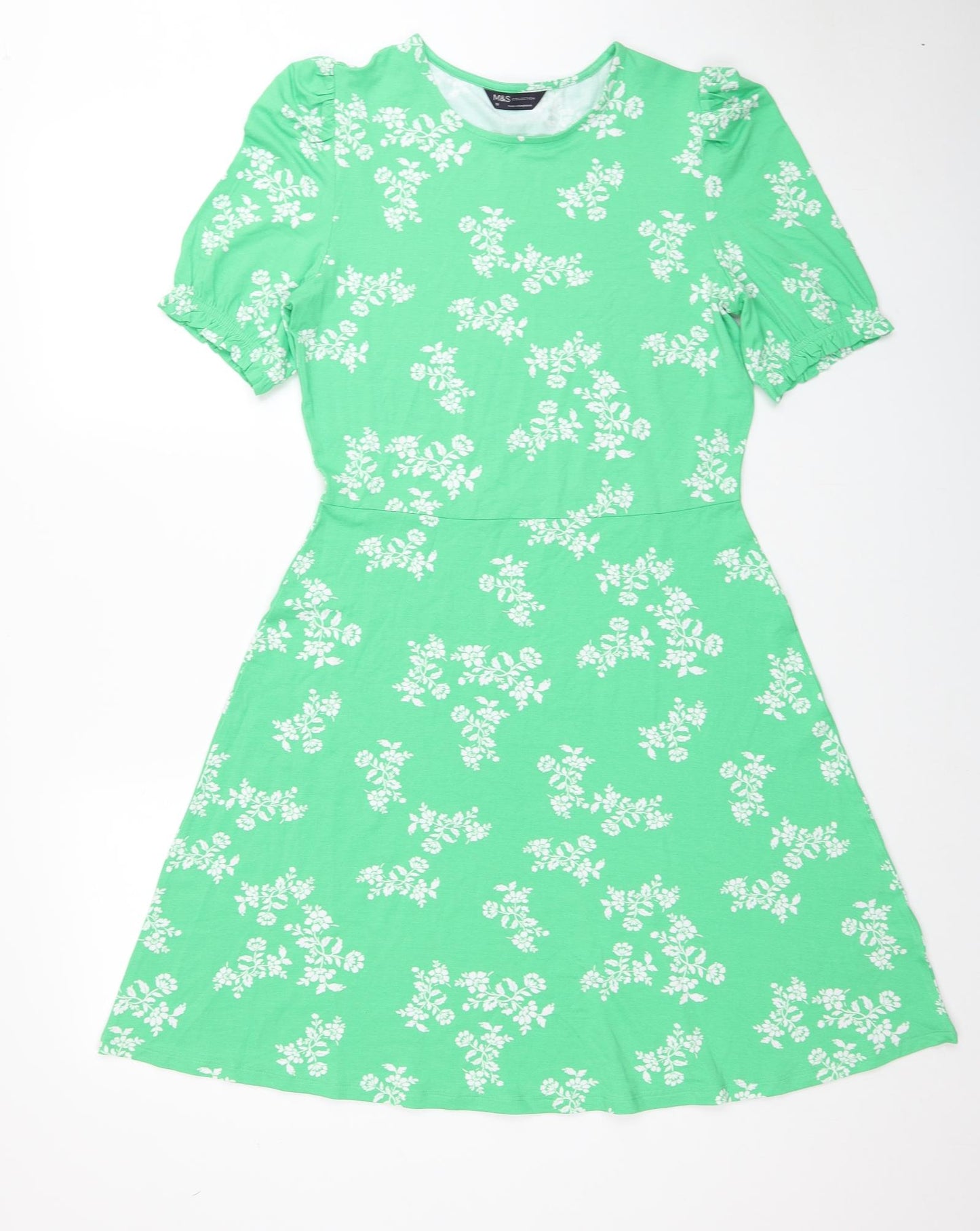 Marks and Spencer Womens Green Floral Viscose A-Line Size 10 Round Neck Pullover