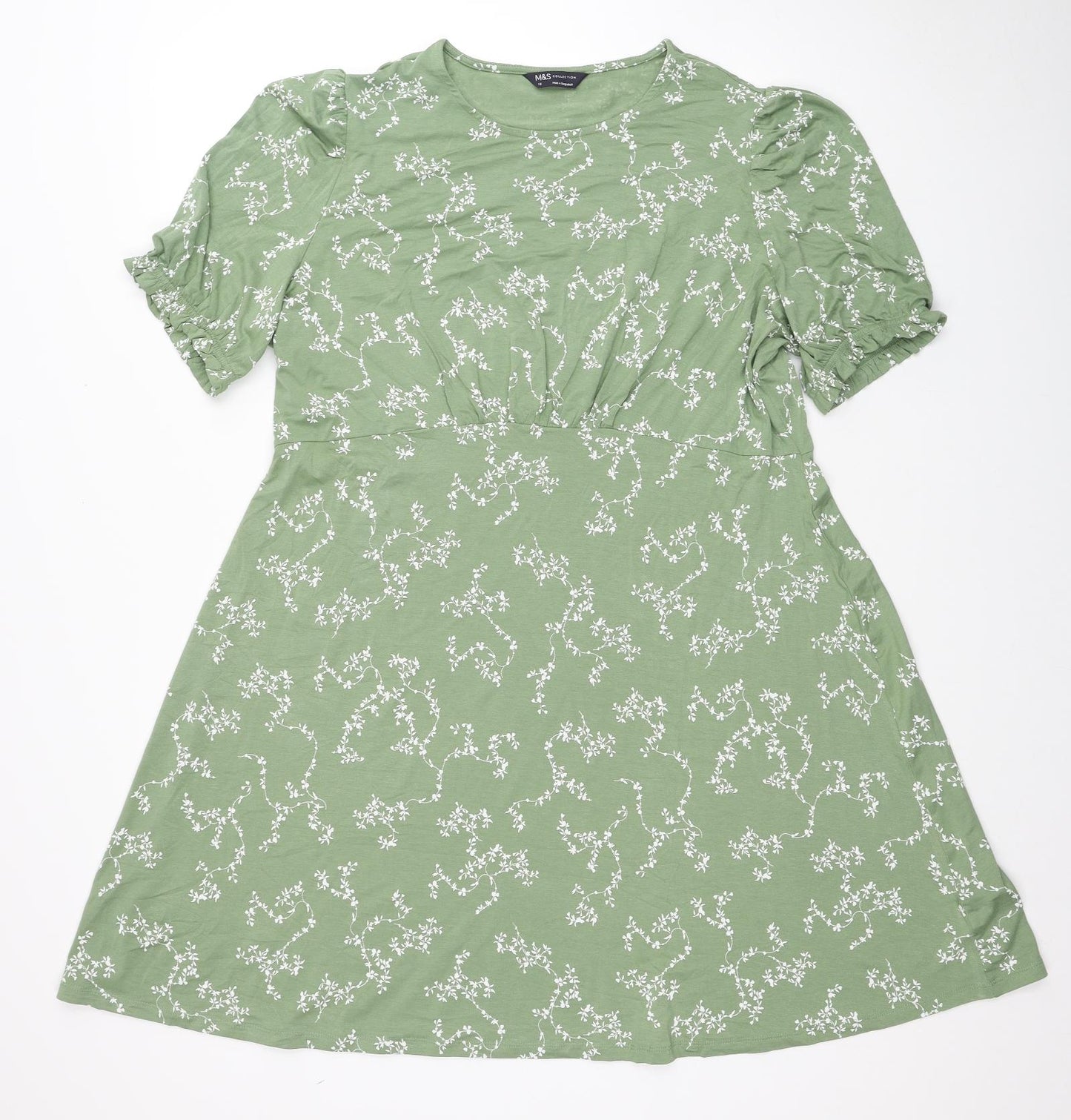 Marks and Spencer Womens Green Floral Viscose A-Line Size 18 Round Neck Pullover