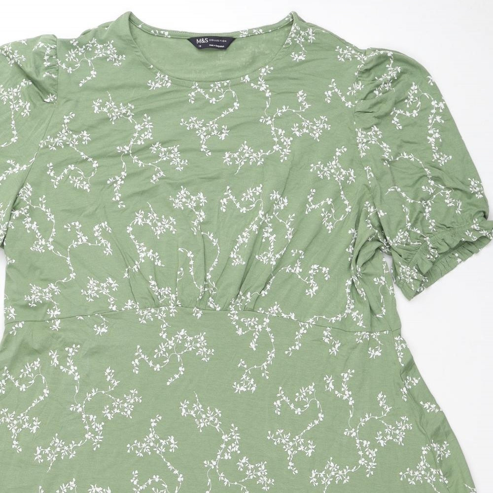 Marks and Spencer Womens Green Floral Viscose A-Line Size 18 Round Neck Pullover