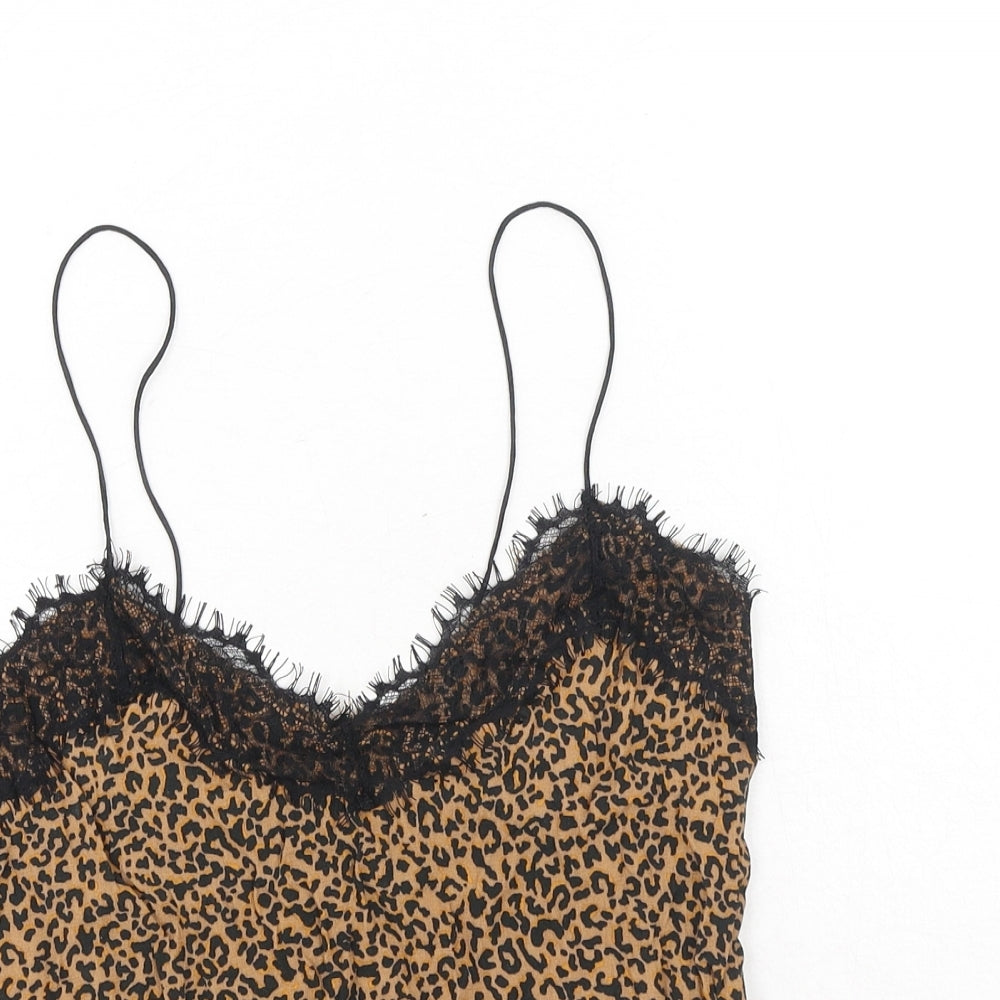 Bershka Womens Brown Animal Print Polyamide Camisole Tank Size S V-Neck - Lace Detail
