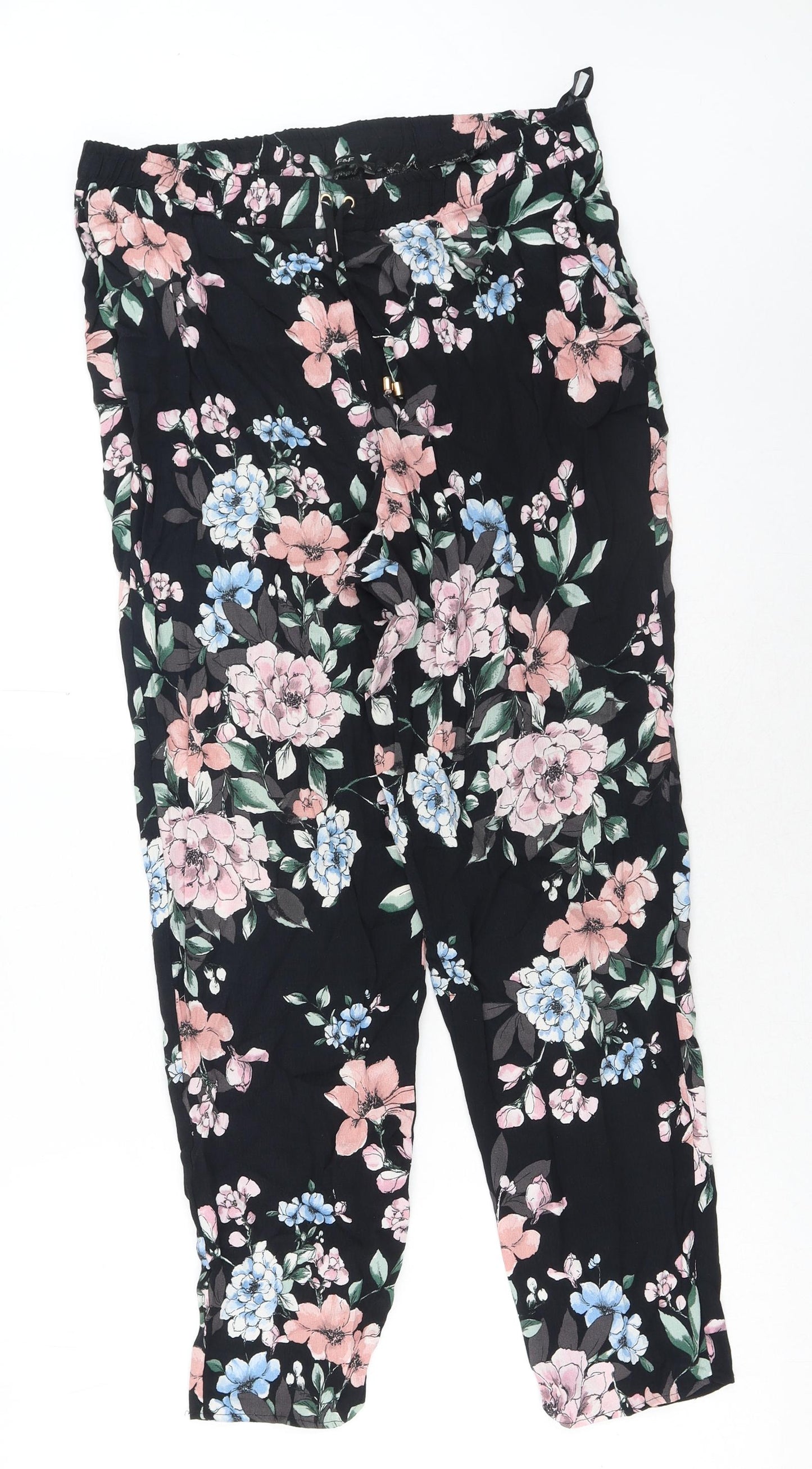 F&F Womens Black Floral Polyester Jogger Trousers Size 14 Regular Drawstring