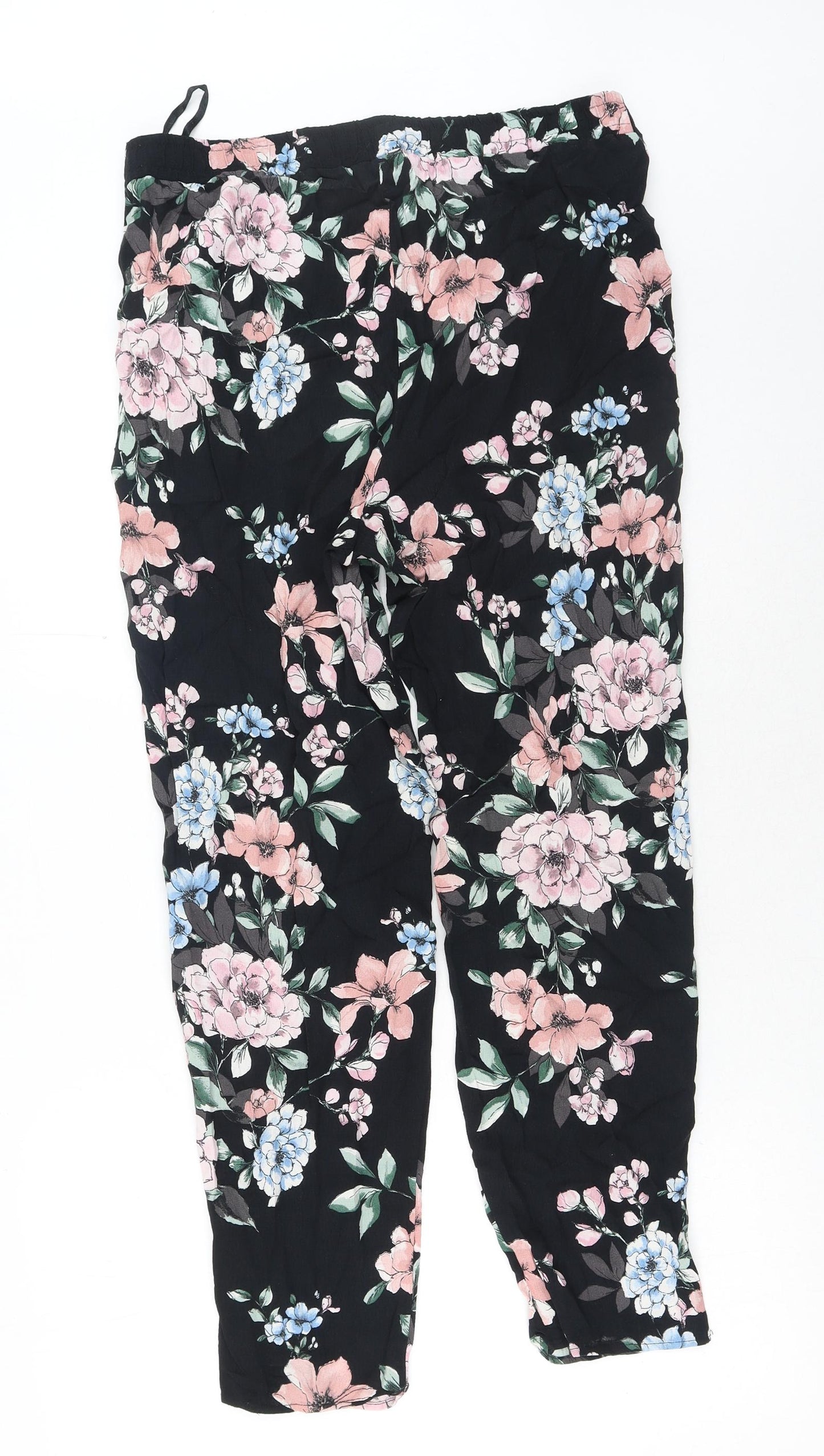 F&F Womens Black Floral Polyester Jogger Trousers Size 14 Regular Drawstring