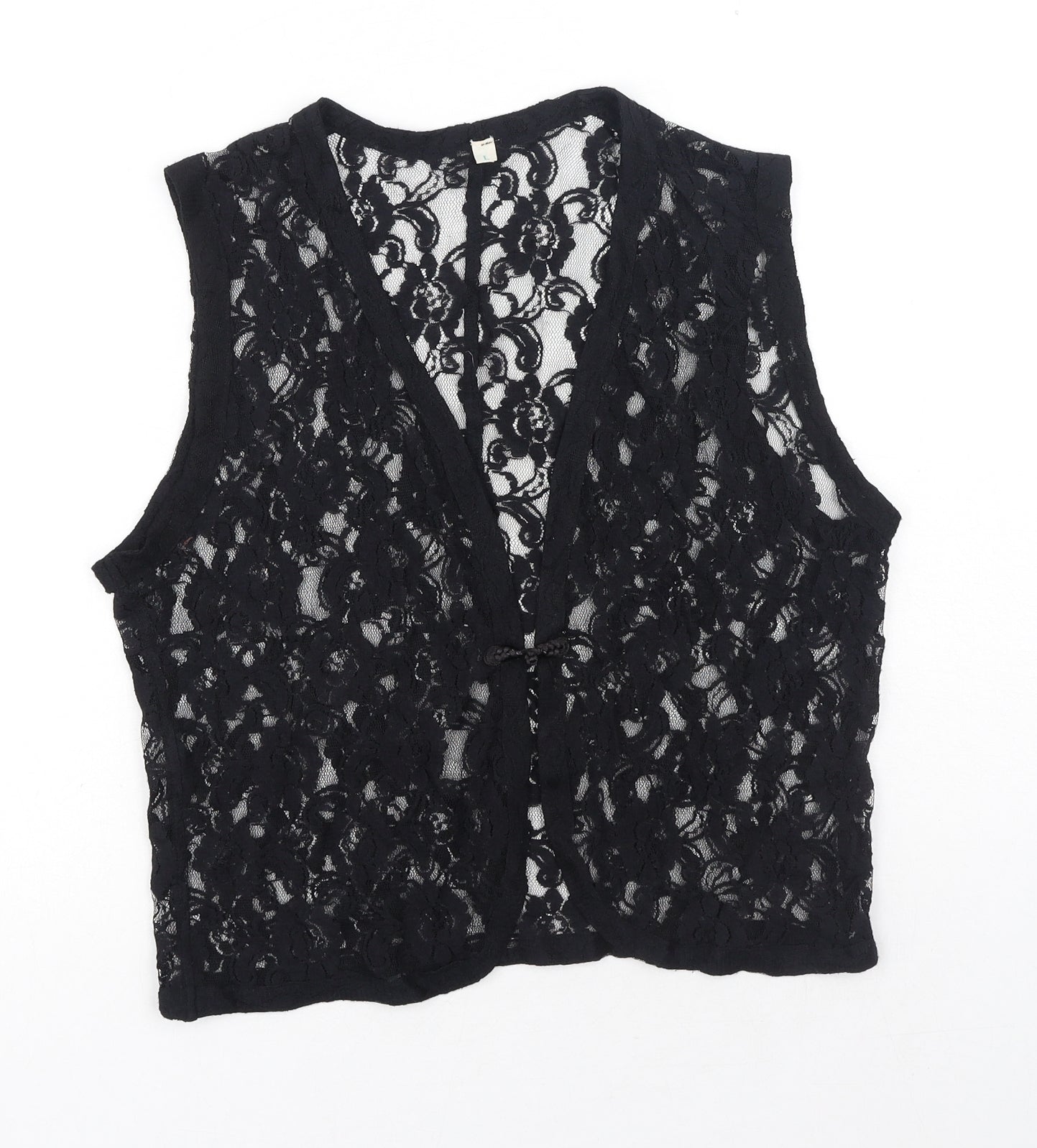Preworn Womens Black Floral Polyester Basic Blouse Size L V-Neck