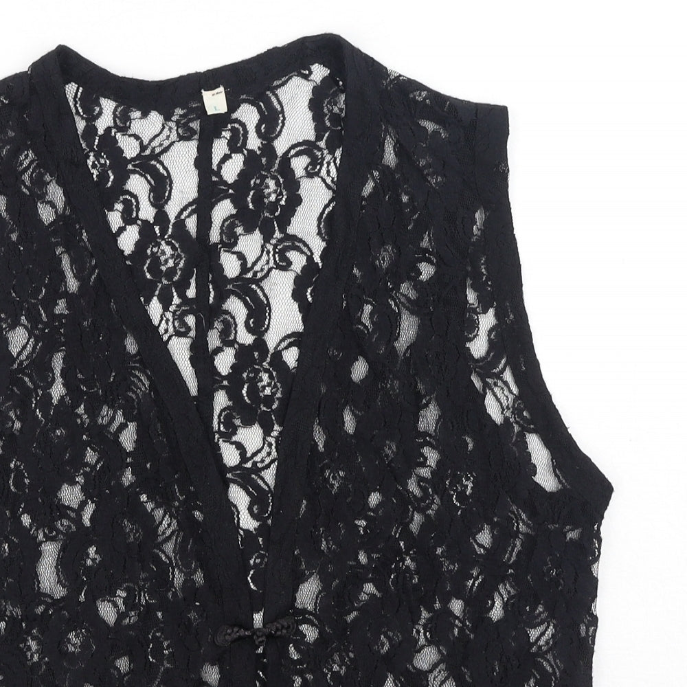 Preworn Womens Black Floral Polyester Basic Blouse Size L V-Neck