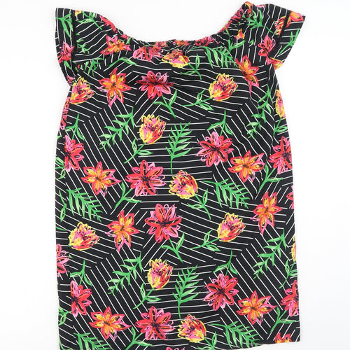 Primark Womens Black Floral Polyester T-Shirt Dress Size 8 Off the Shoulder Pullover