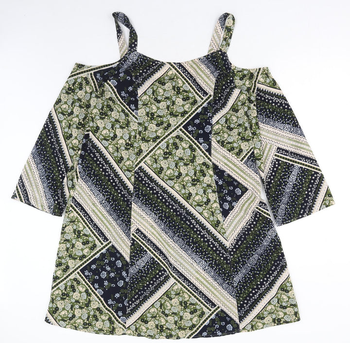 Marks and Spencer Womens Green Geometric Polyester A-Line Size 14 Round Neck Pullover - Cold Shoulder