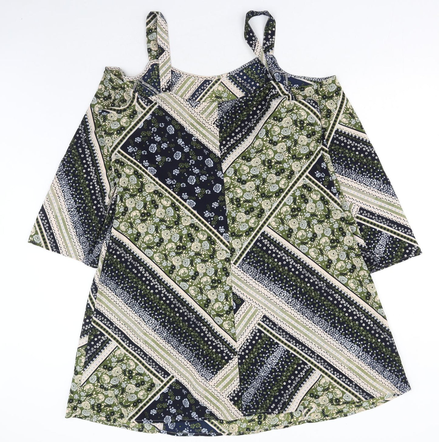 Marks and Spencer Womens Green Geometric Polyester A-Line Size 14 Round Neck Pullover - Cold Shoulder