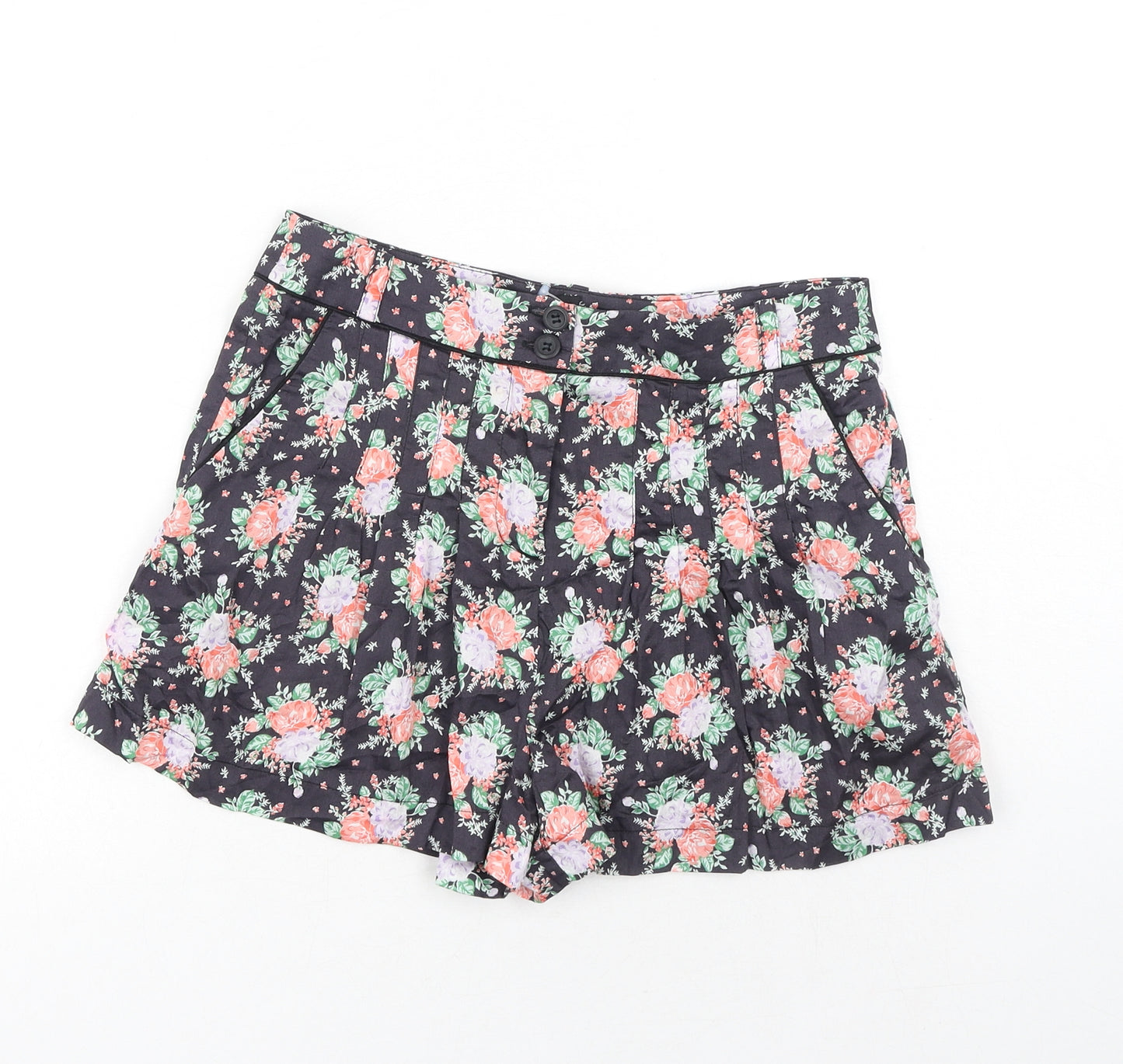 Topshop Womens Black Geometric Cotton Basic Shorts Size 12 Regular Zip