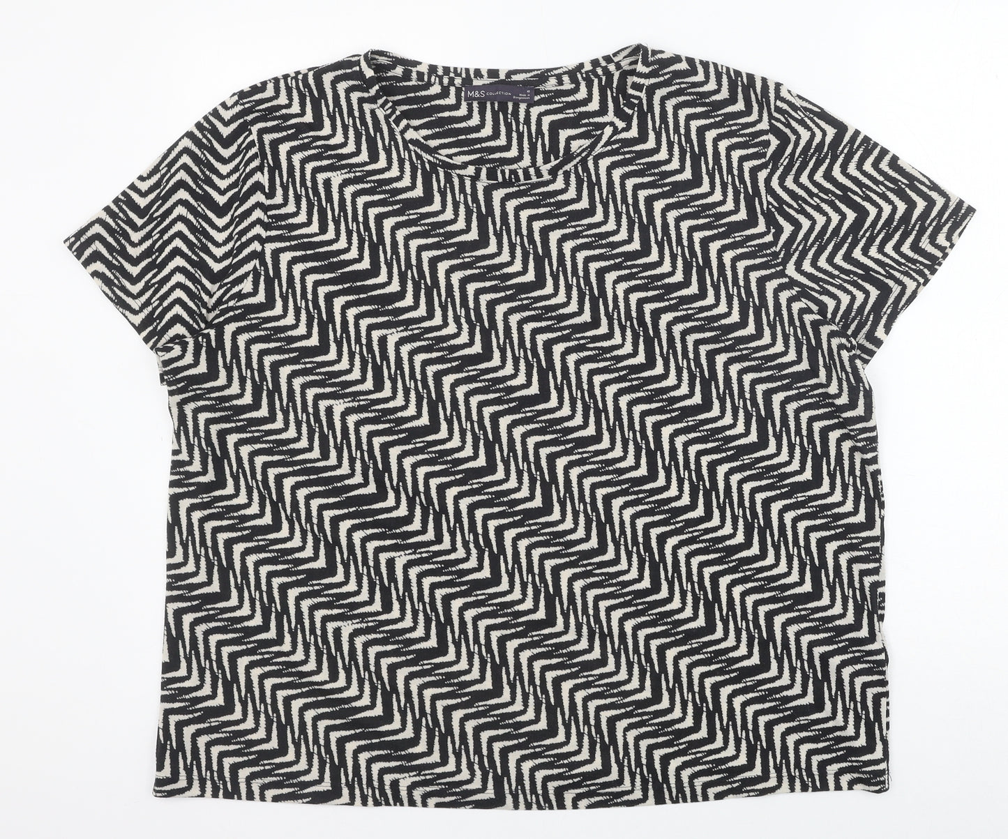 Marks and Spencer Womens Black Geometric Polyester Basic T-Shirt Size 18 Scoop Neck