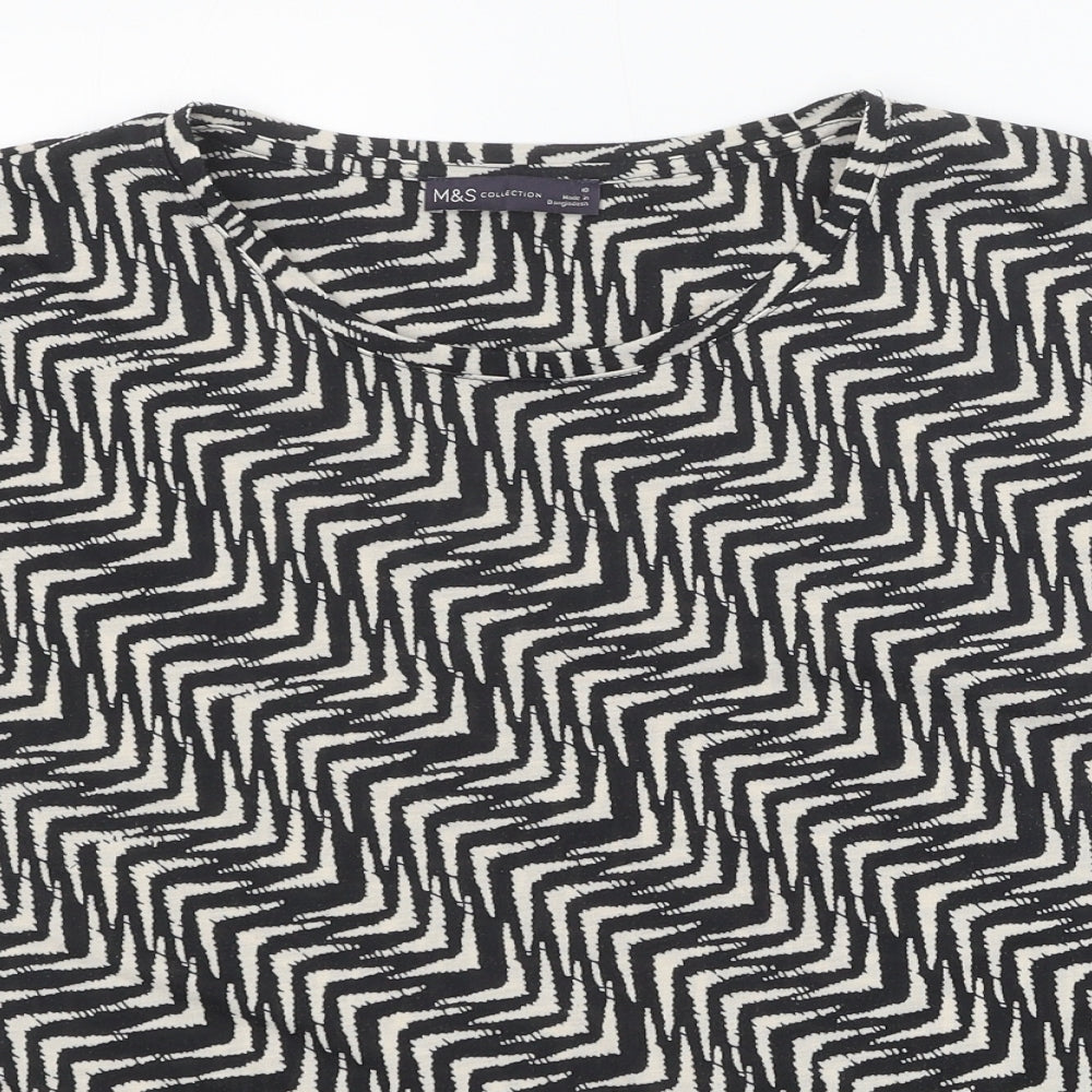 Marks and Spencer Womens Black Geometric Polyester Basic T-Shirt Size 18 Scoop Neck