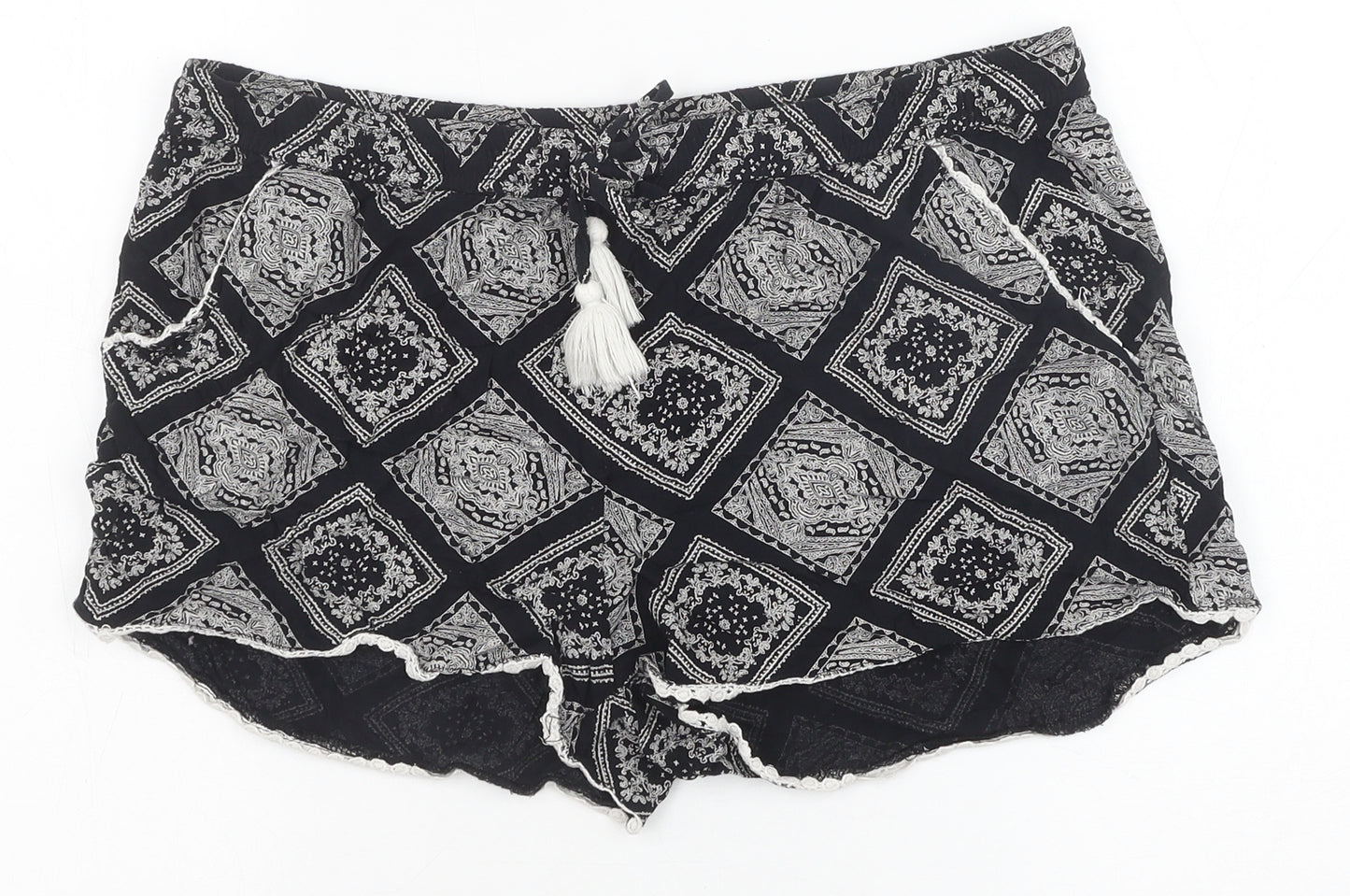 Primark Womens Black Geometric Viscose Basic Shorts Size 14 Regular Drawstring
