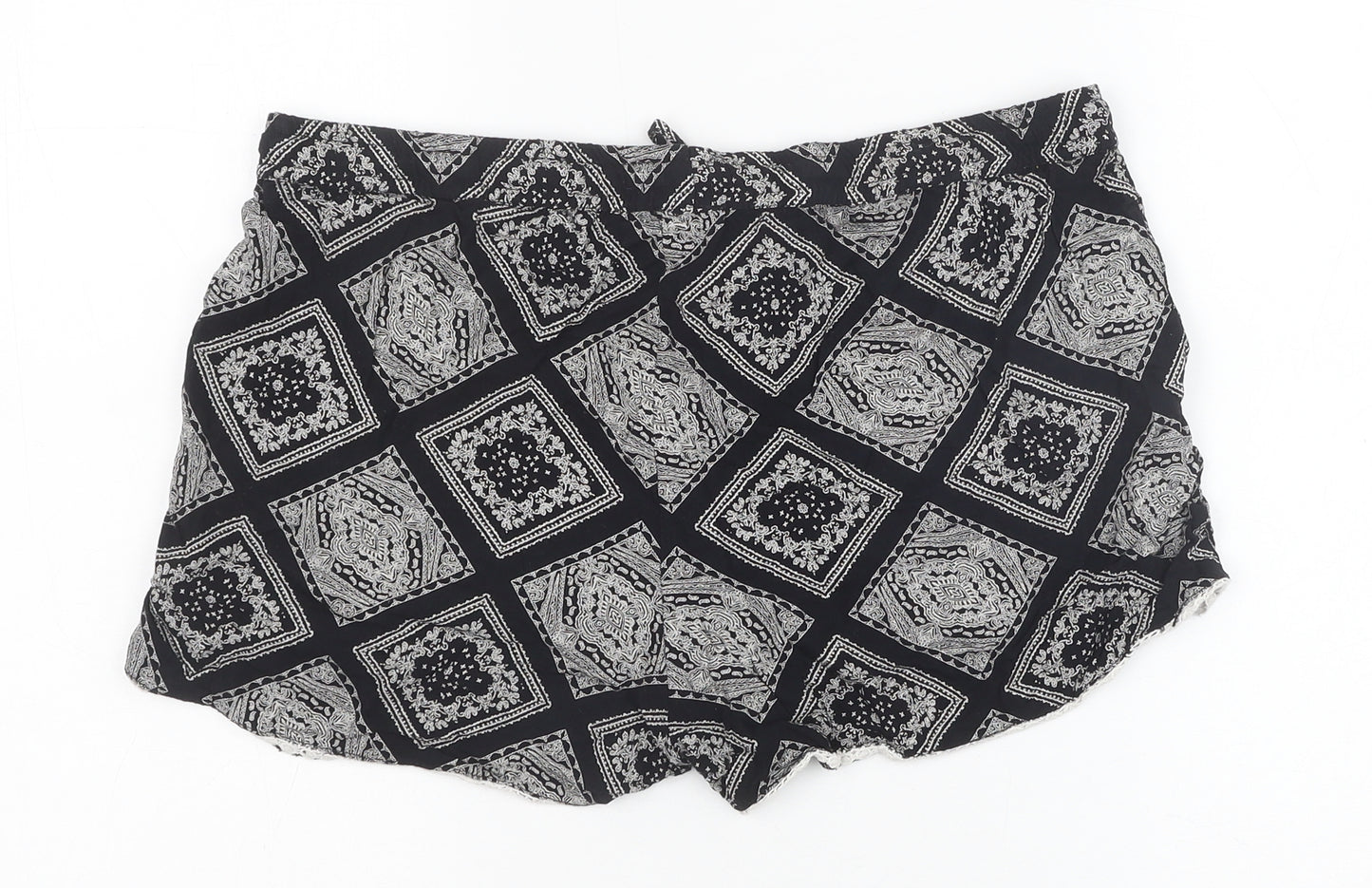 Primark Womens Black Geometric Viscose Basic Shorts Size 14 Regular Drawstring