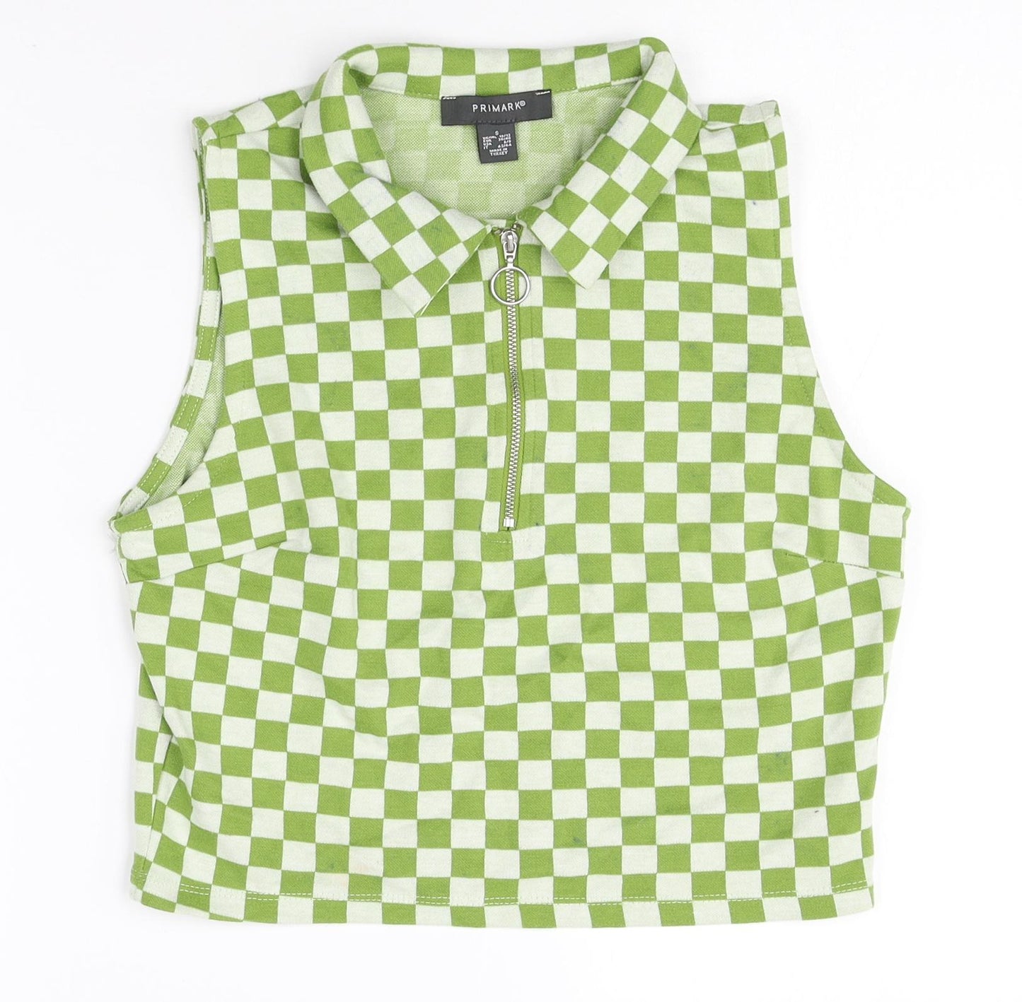 Primark Womens Green Check Polyester Cropped Blouse Size S Collared