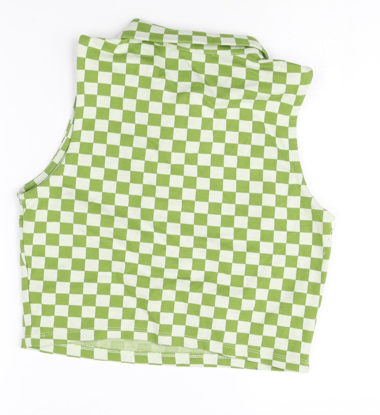 Primark Womens Green Check Polyester Cropped Blouse Size S Collared