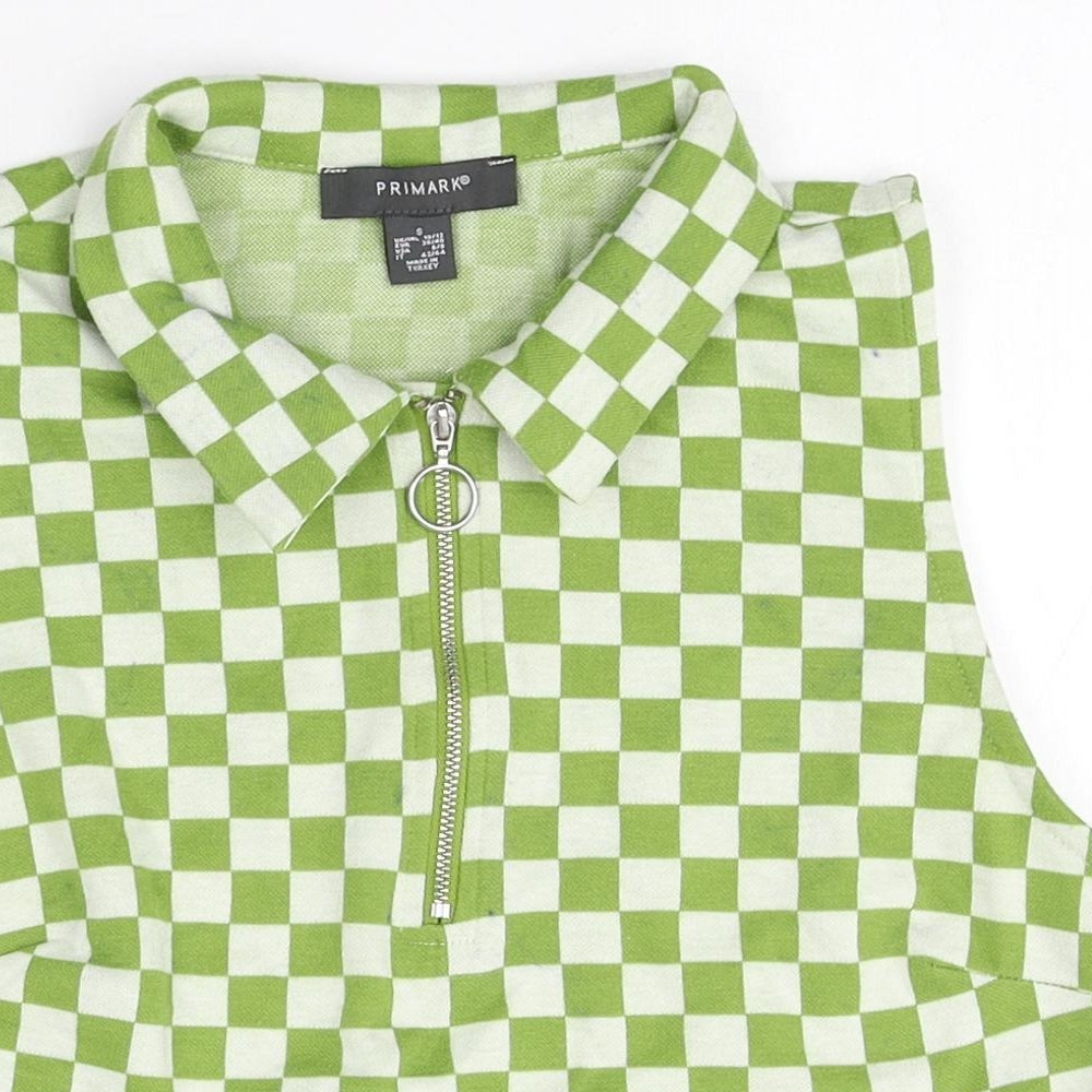 Primark Womens Green Check Polyester Cropped Blouse Size S Collared