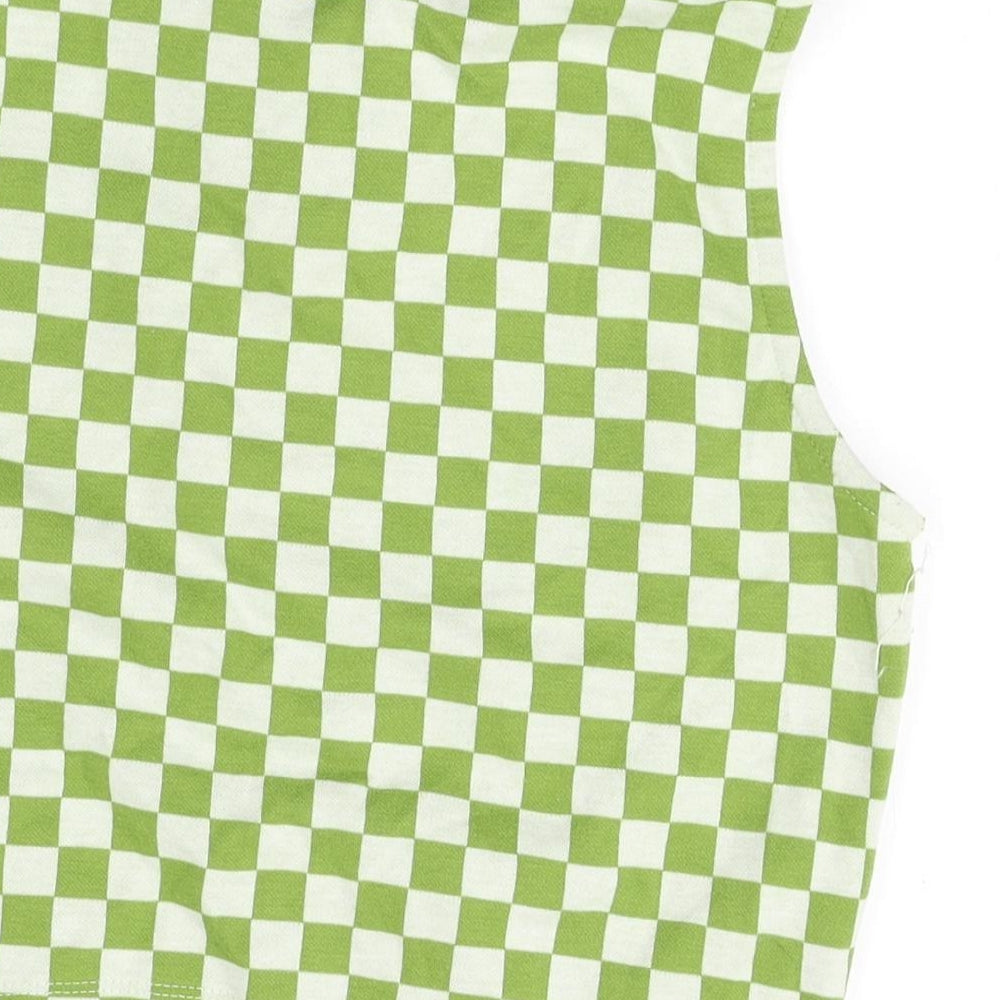 Primark Womens Green Check Polyester Cropped Blouse Size S Collared