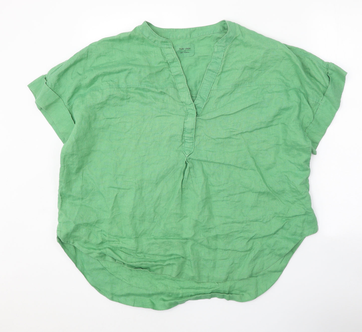 Marks and Spencer Womens Green Linen Basic Blouse Size 16 V-Neck