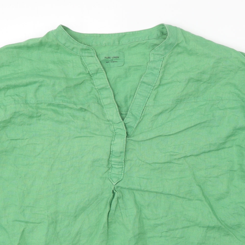 Marks and Spencer Womens Green Linen Basic Blouse Size 16 V-Neck