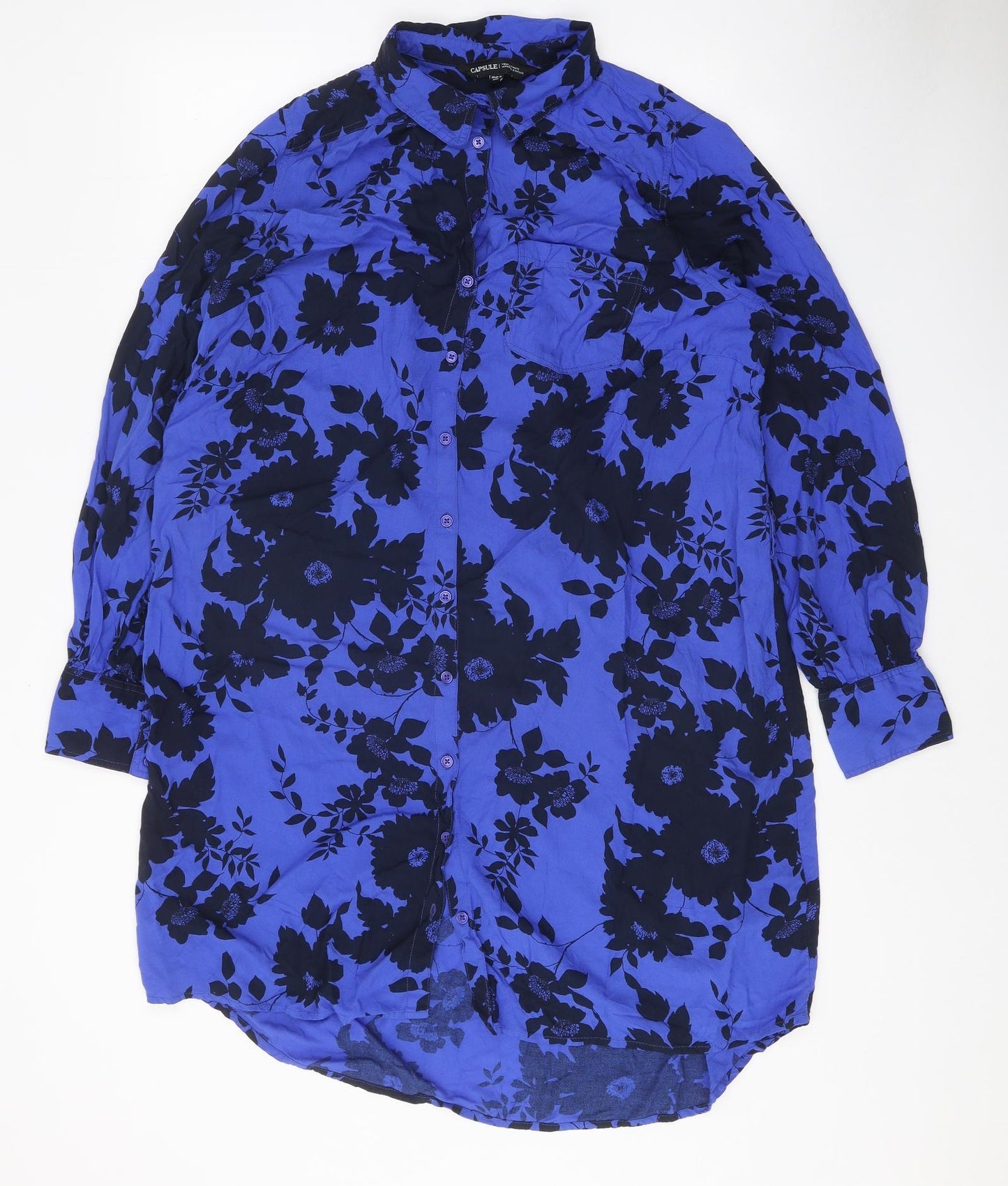 Capsule Womens Blue Floral Viscose Basic Button-Up Size 16 Collared