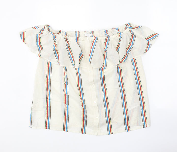 Monsoon Womens White Striped Cotton Basic Blouse Size L Off the Shoulder