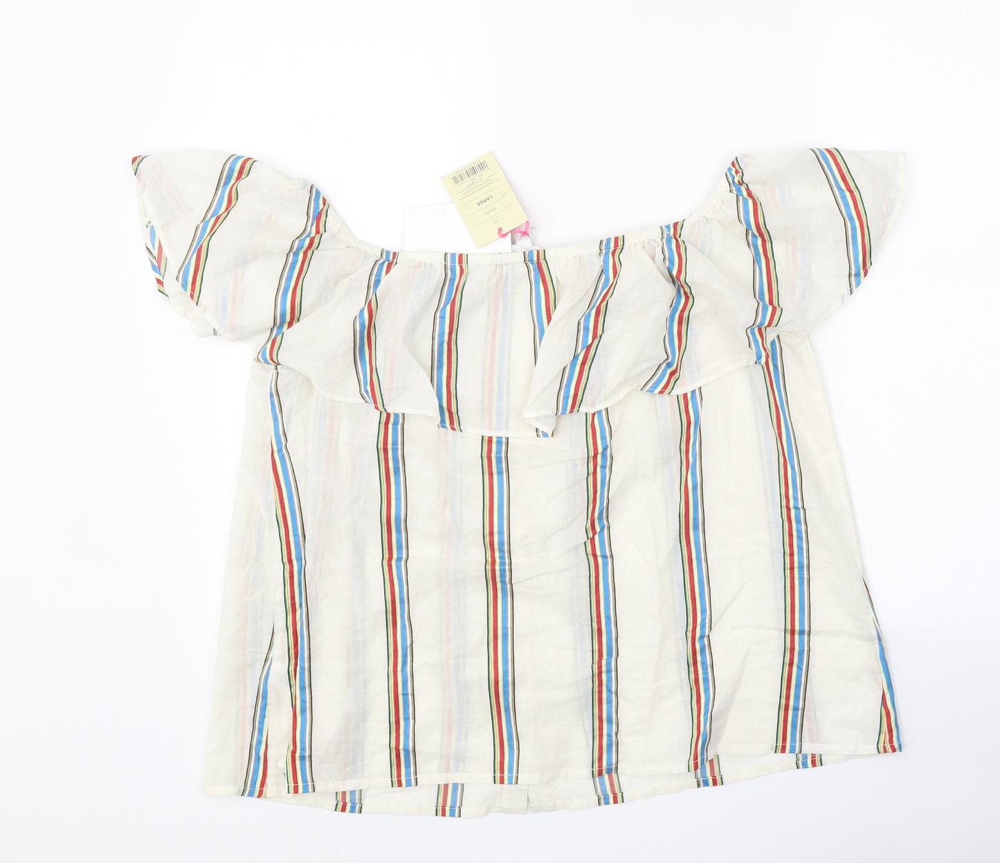 Monsoon Womens White Striped Cotton Basic Blouse Size L Off the Shoulder