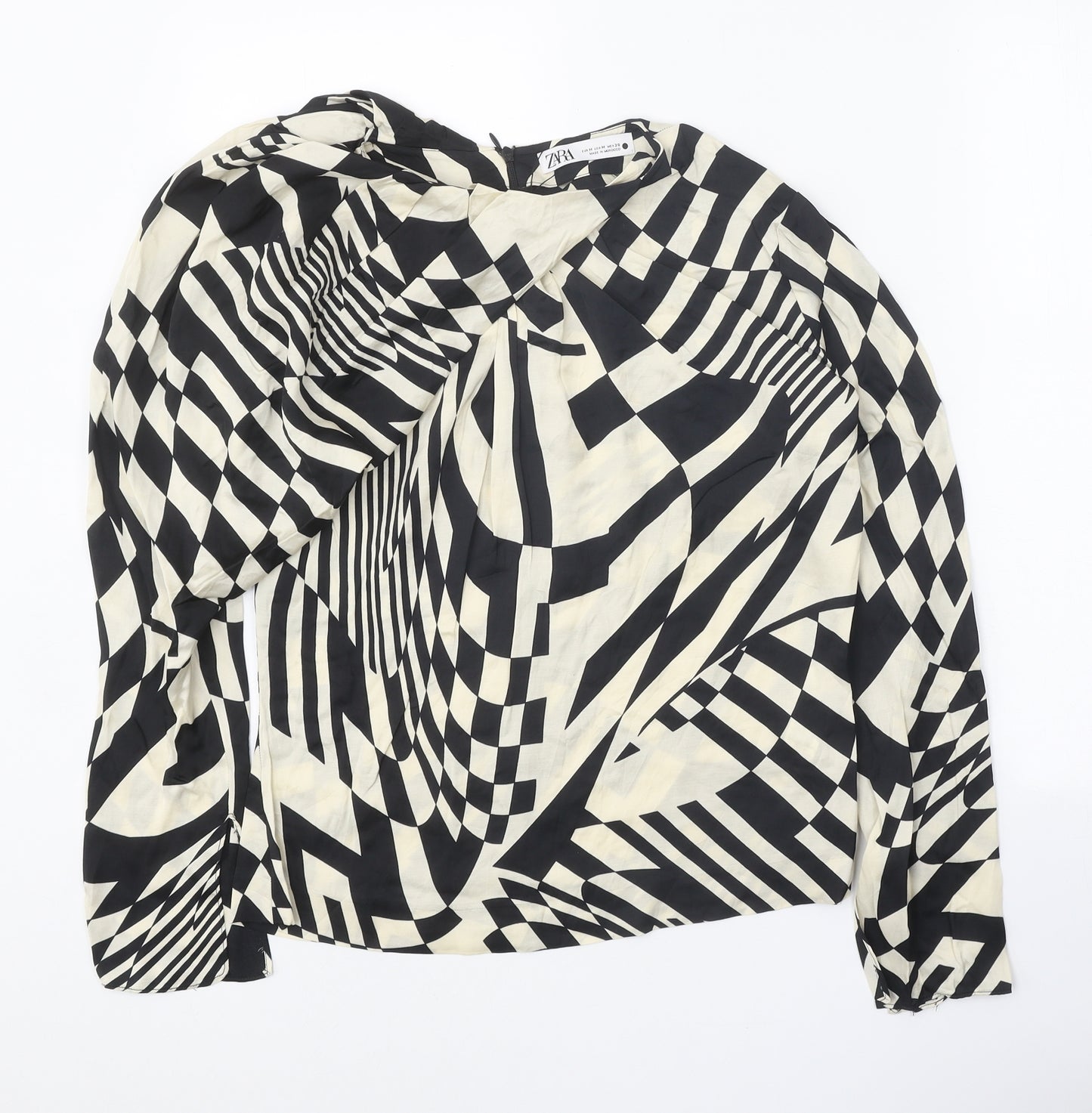 Zara Womens Black Geometric Viscose Basic Blouse Size M Boat Neck