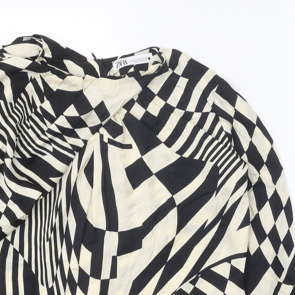 Zara Womens Black Geometric Viscose Basic Blouse Size M Boat Neck