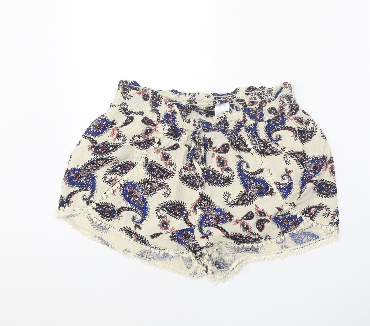 Primark Womens Beige Paisley Viscose Basic Shorts Size 14 Regular Tie