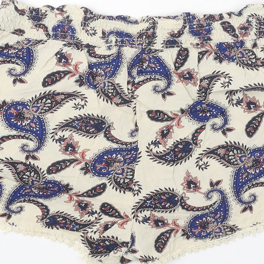 Primark Womens Beige Paisley Viscose Basic Shorts Size 14 Regular Tie