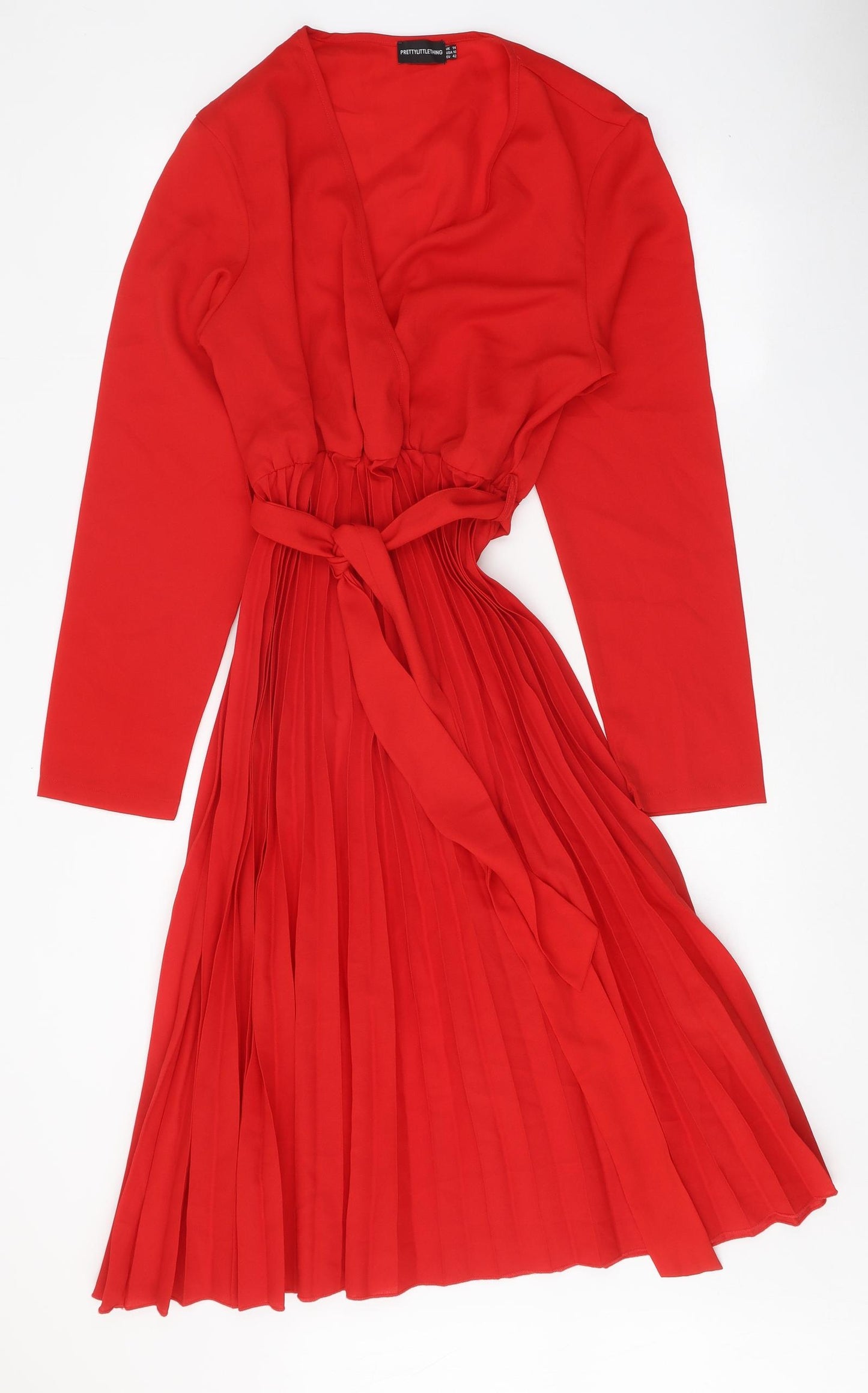 PRETTYLITTLETHING Womens Red Polyester A-Line Size 14 V-Neck Tie