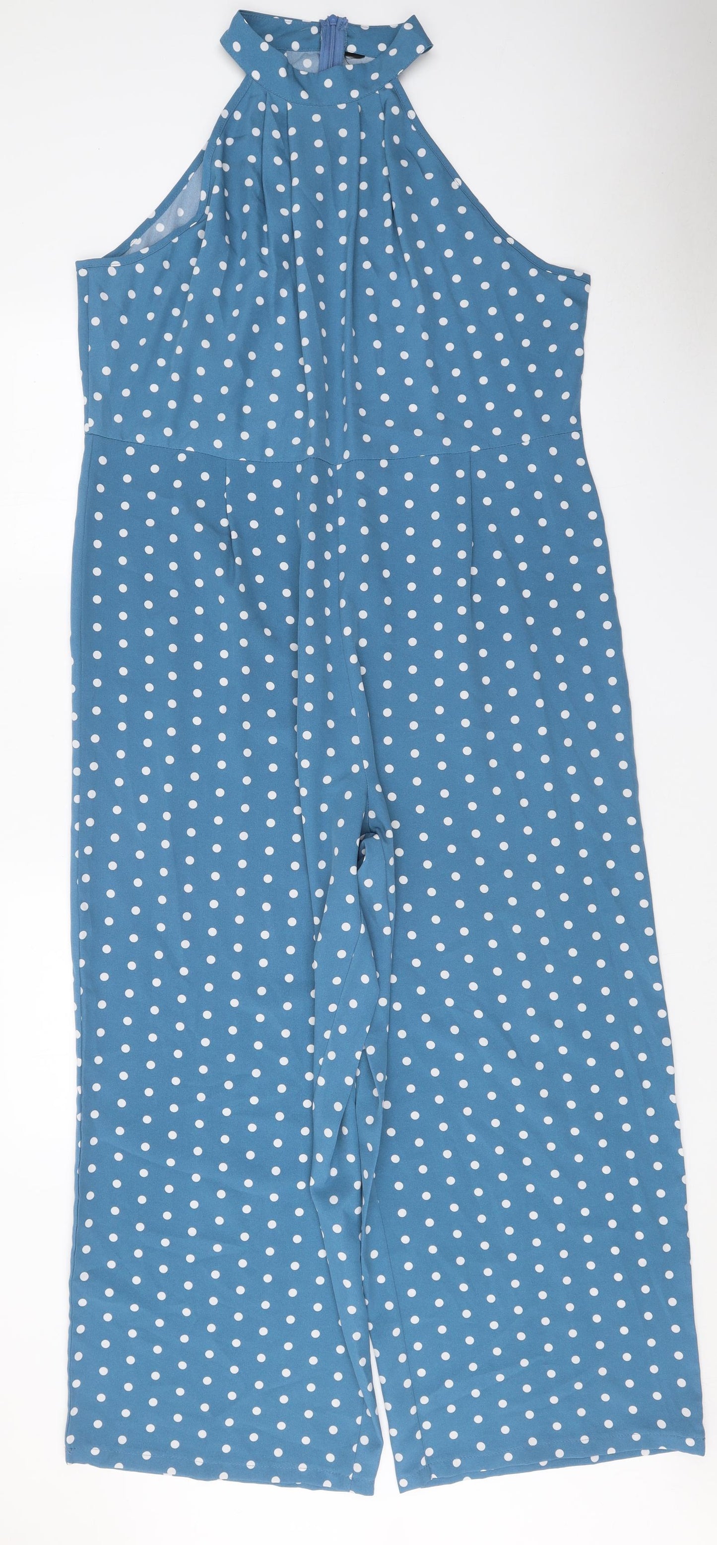 Preworn Womens Blue Polka Dot Polyester Jumpsuit One-Piece Size L Zip