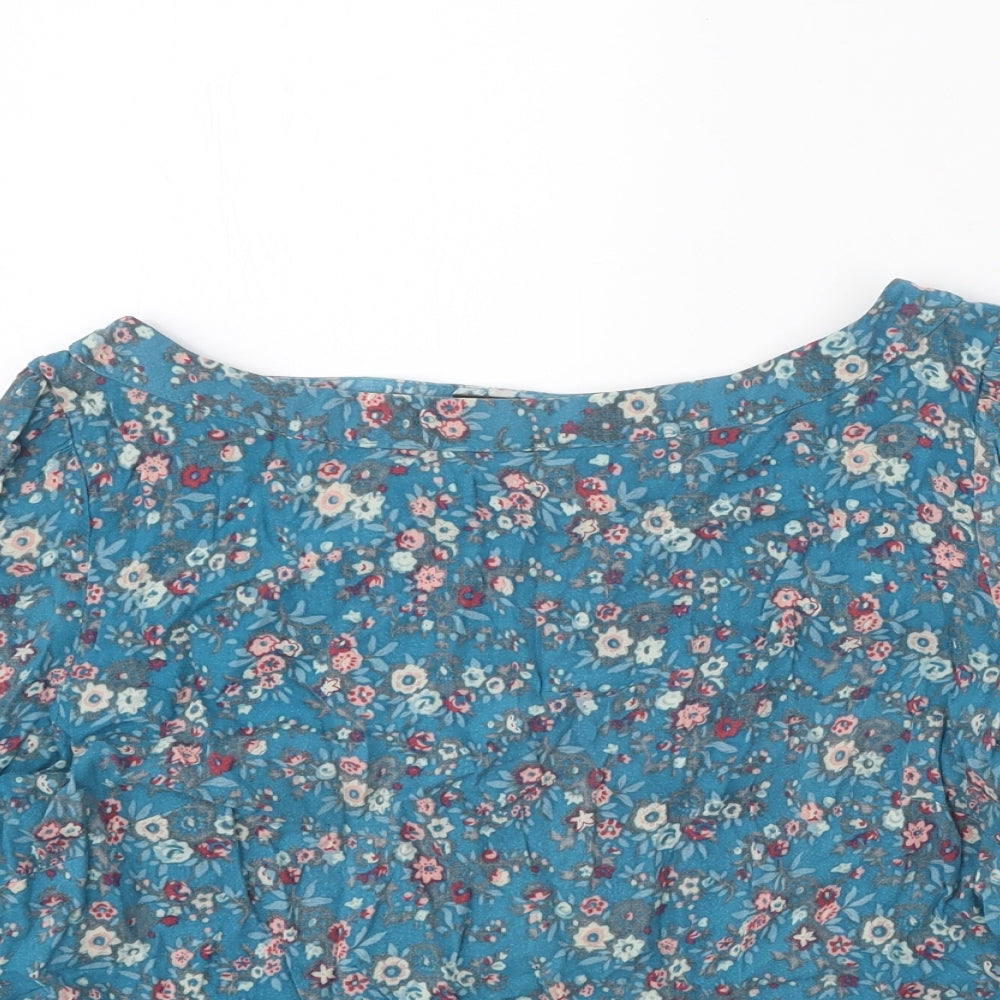 Warehouse Womens Blue Floral Polyester Basic Blouse Size 12 Boat Neck