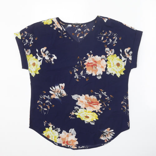 SheIn Womens Blue Floral Polyester Basic Blouse Size M V-Neck