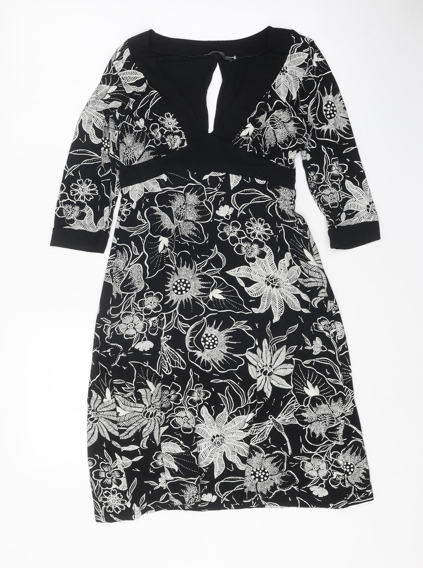 Jane Norman Womens Black Floral Viscose Skater Dress Size 12 V-Neck Tie