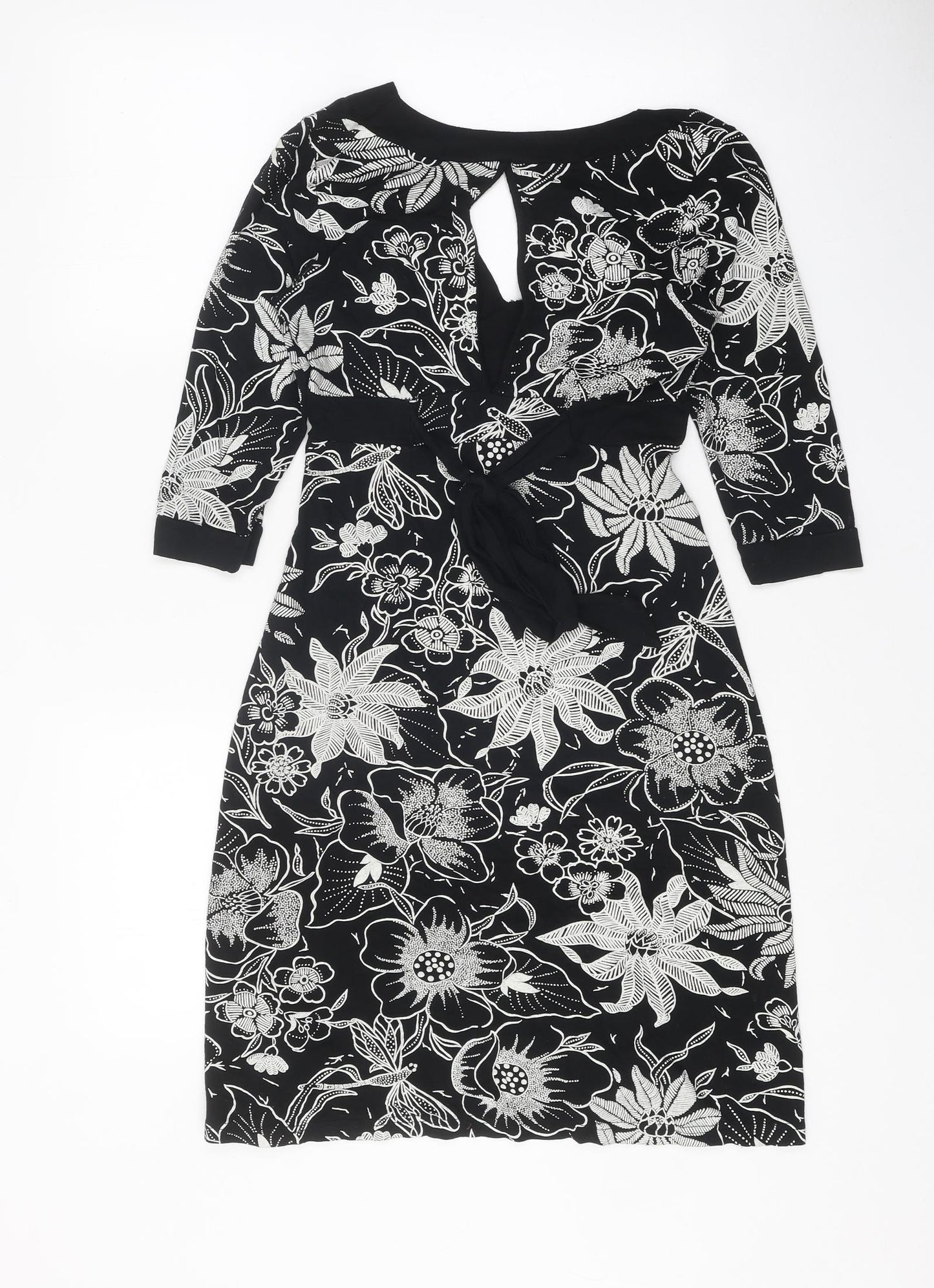 Jane Norman Womens Black Floral Viscose Skater Dress Size 12 V-Neck Tie