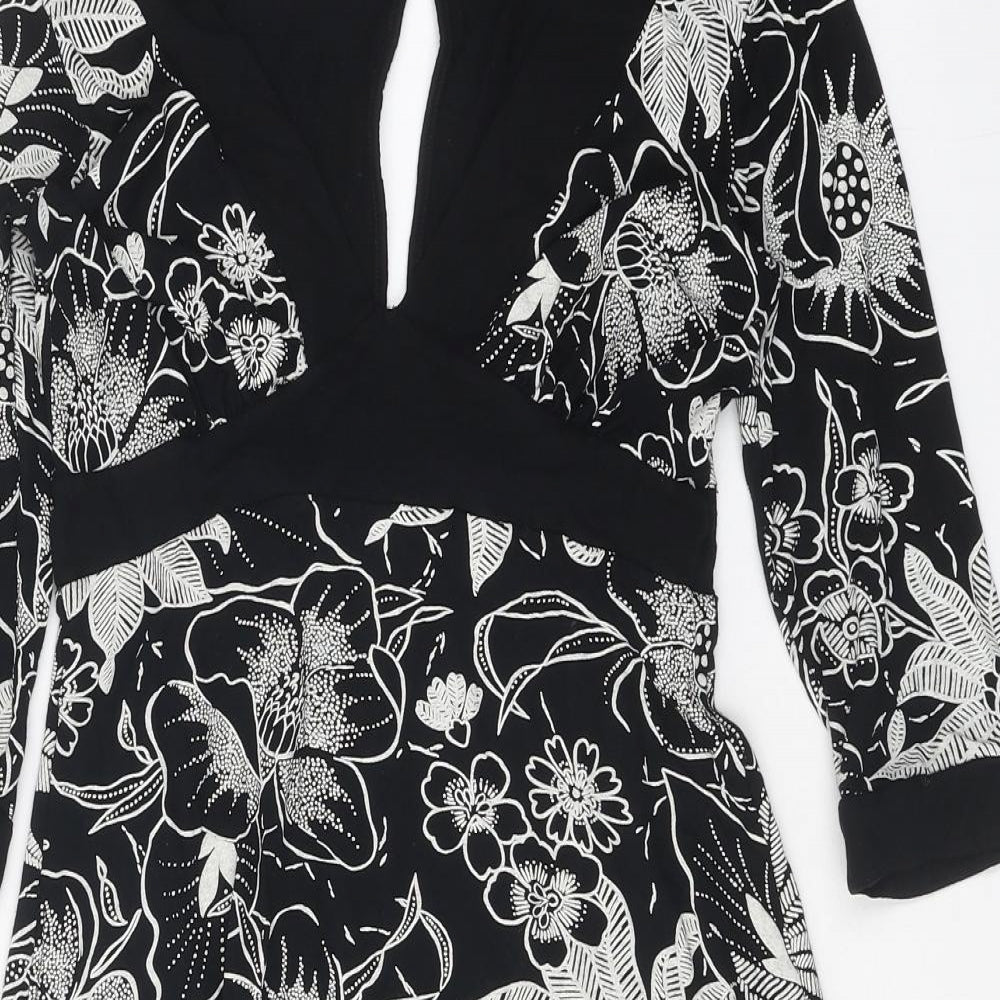 Jane Norman Womens Black Floral Viscose Skater Dress Size 12 V-Neck Tie