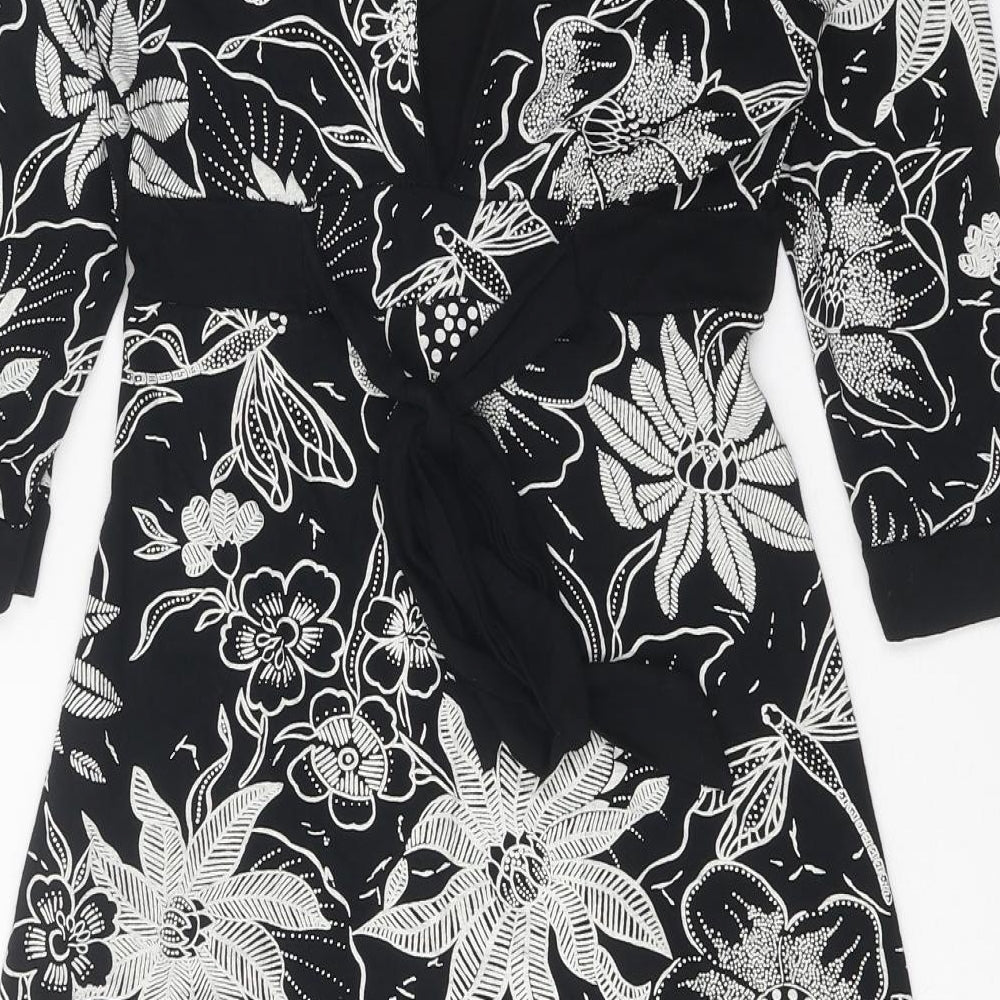 Jane Norman Womens Black Floral Viscose Skater Dress Size 12 V-Neck Tie