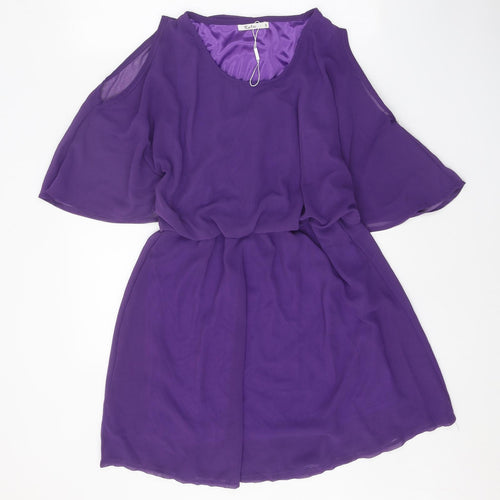 Katie Womens Purple Rayon A-Line Size S Round Neck Pullover - Cold Shoulder