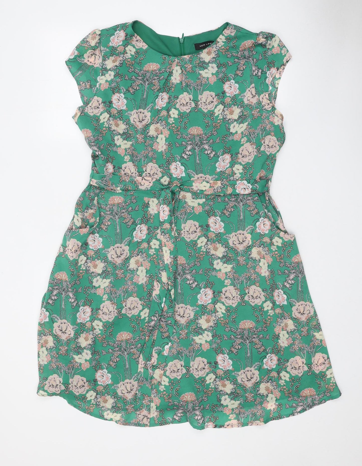 New Look Womens Green Floral Polyester A-Line Size 14 Round Neck Zip