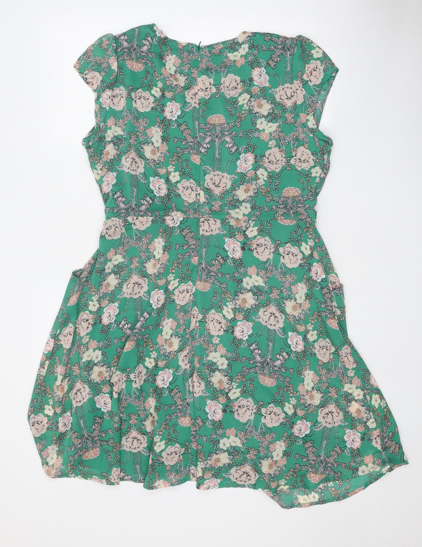 New Look Womens Green Floral Polyester A-Line Size 14 Round Neck Zip