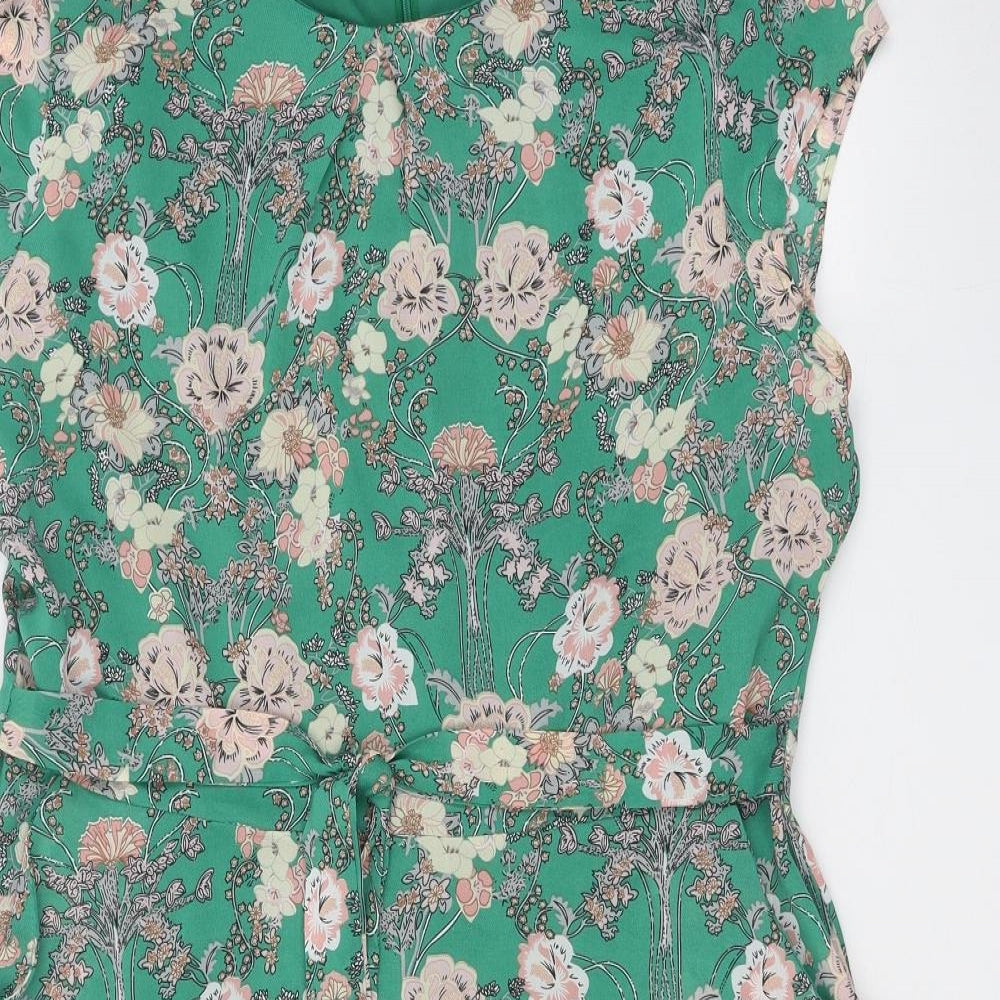 New Look Womens Green Floral Polyester A-Line Size 14 Round Neck Zip