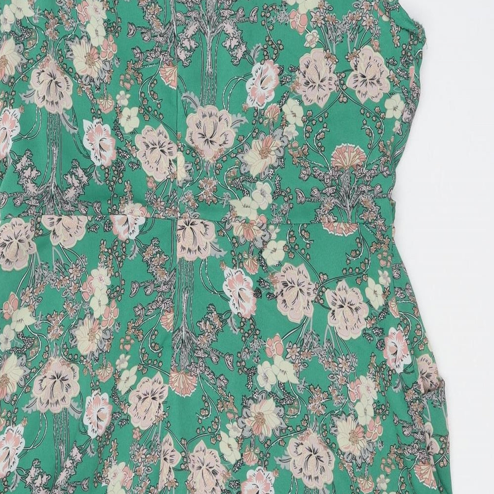 New Look Womens Green Floral Polyester A-Line Size 14 Round Neck Zip