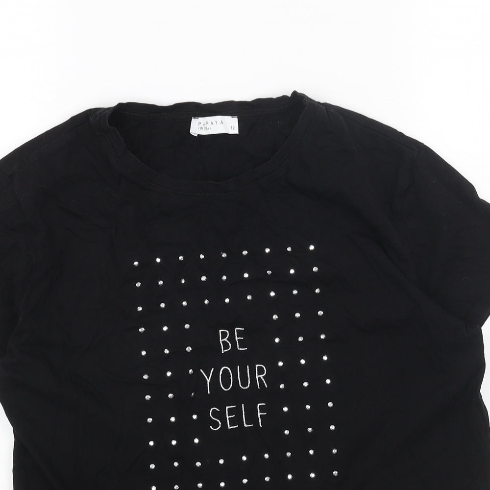 Papaya Womens Black Cotton Basic T-Shirt Size 12 Crew Neck - Be Yourself