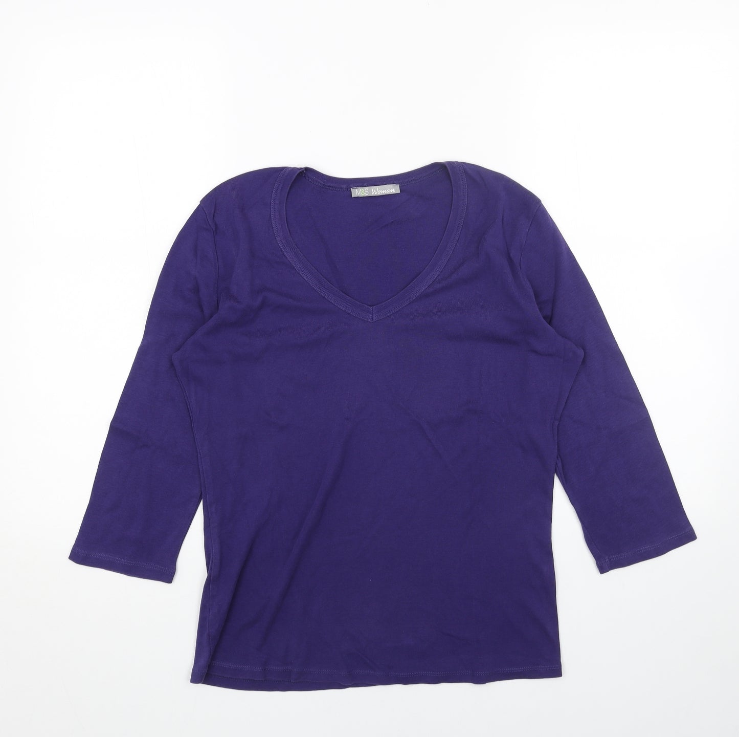 Marks and Spencer Womens Purple Cotton Basic T-Shirt Size 16 V-Neck