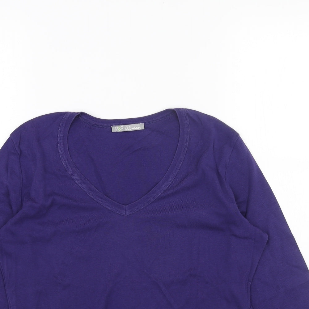 Marks and Spencer Womens Purple Cotton Basic T-Shirt Size 16 V-Neck