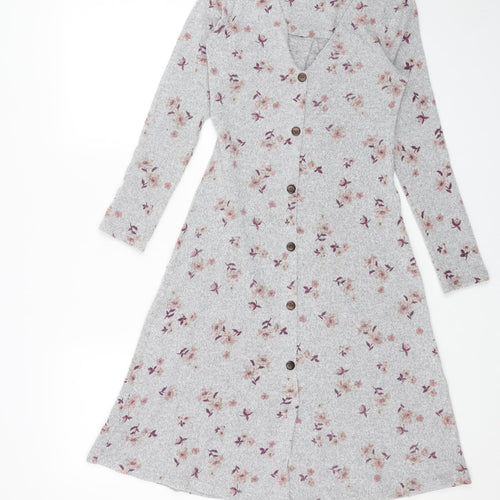 Monteau Womens Grey Floral Polyester A-Line Size XS V-Neck Pullover