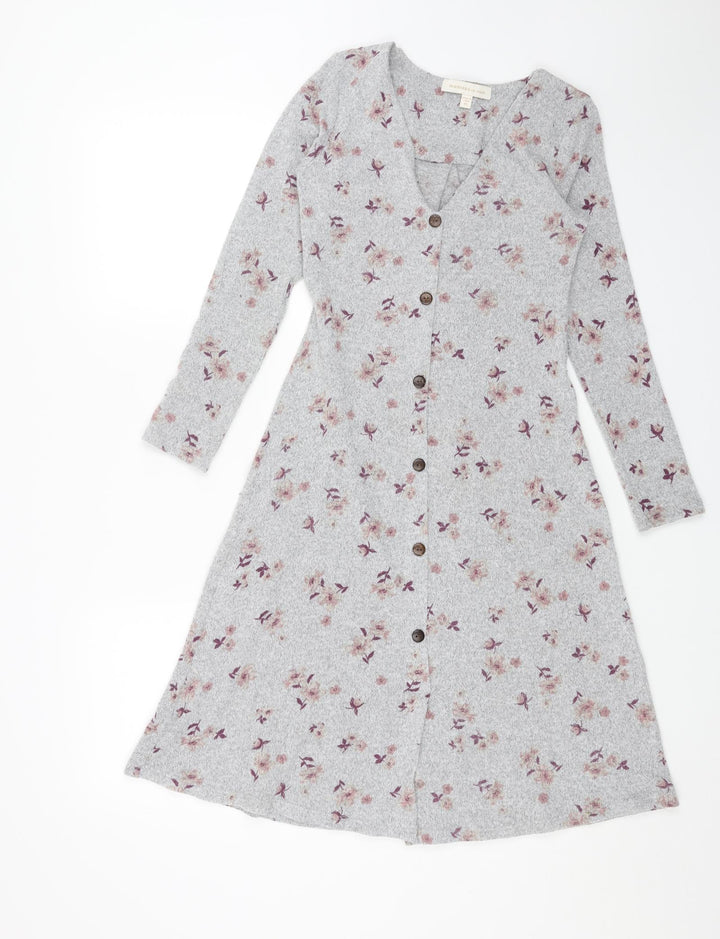 Monteau Womens Grey Floral Polyester A-Line Size XS V-Neck Pullover